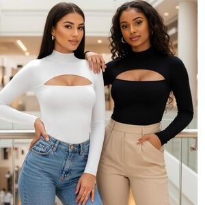 HOTOUCH Long Sleeve Front Cut Out Basic Knit Mock Top. New. Sz. XXL